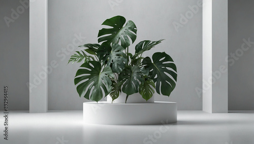 White round podium with monstera leaves in an indoor setting. photo