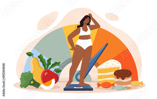 Overweight woman concept. Plump young girl in swimsuit stands on weights near gauge indicator. Obesity assessment. Unhealthy diet and lifestyle. Flat vector illustration isolated on white background