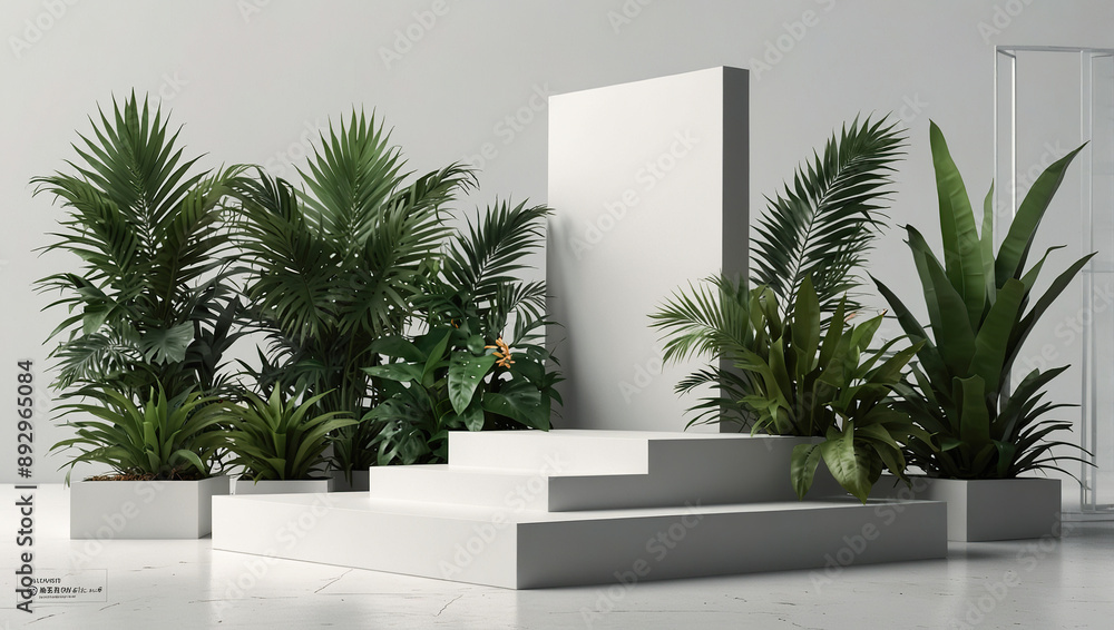 Fototapeta premium White geometric podium with various tropical plants.