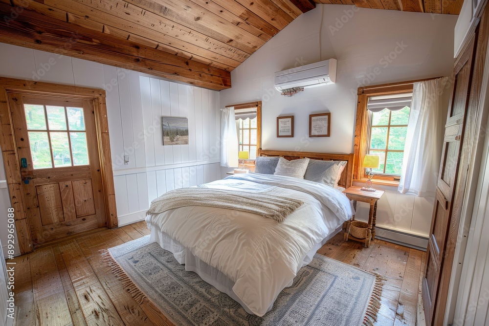 Luxury bedroom with hardwood floor, large bed and wooden ceiling Luxury bedroom with hardwood floor, large bed and wooden ceiling