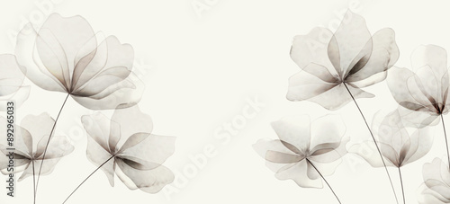 Botanical floral art background with transparent flowers in watercolor style. Vector plant banner for cover, print, poster, wallpaper, interior design, textile, packaging.