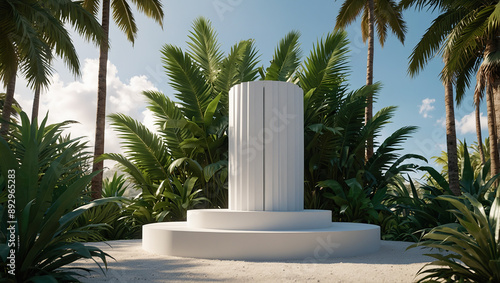 White cylindrical podium with large palm leaves and a clear sky background. photo