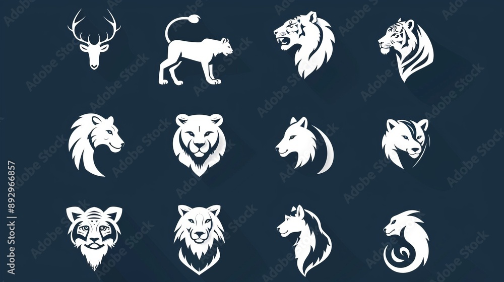 Fototapeta premium Black and white illustrations of various animal heads, including lions and tigers, captured in a bold and striking style that emphasizes their majestic features.