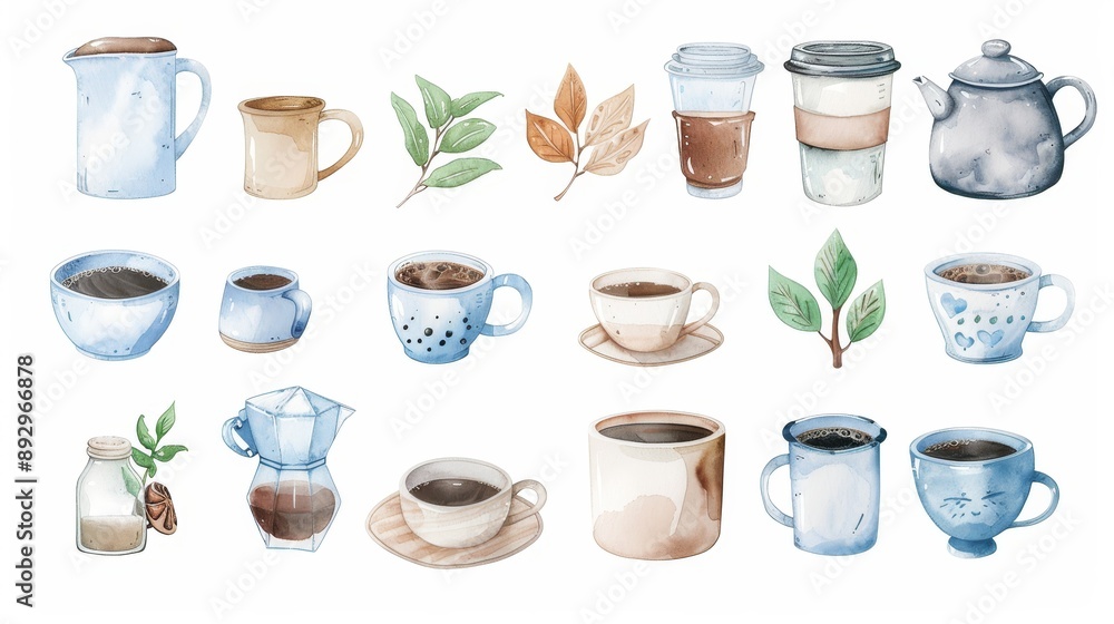 Coffee set. White background. Watercolor illustrations set Coffee set. White background. Watercolor illustrations set