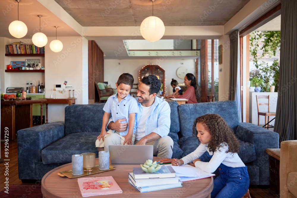 Obraz premium Dad, laptop and kid on couch for e learning, streaming and online or video for education. Children, father or girl and technology in lounge or home for teaching, studying or happy together in morning