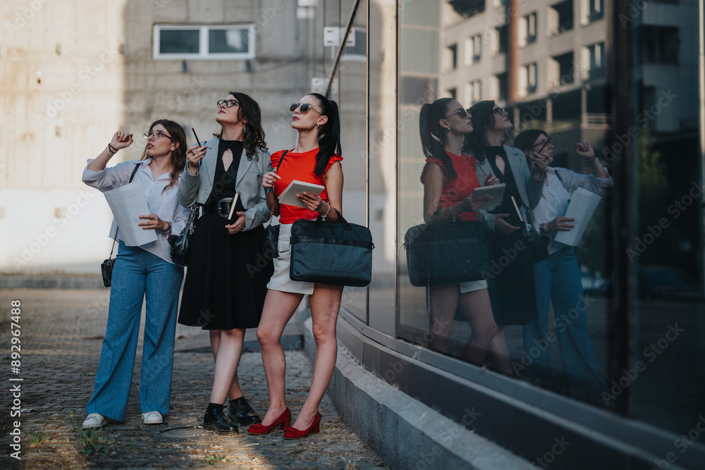 Obraz premium Three confident businesswomen collaborate outdoors, analyzing blueprints and planning a project. Concept of teamwork, leadership, and modern businesswomen.