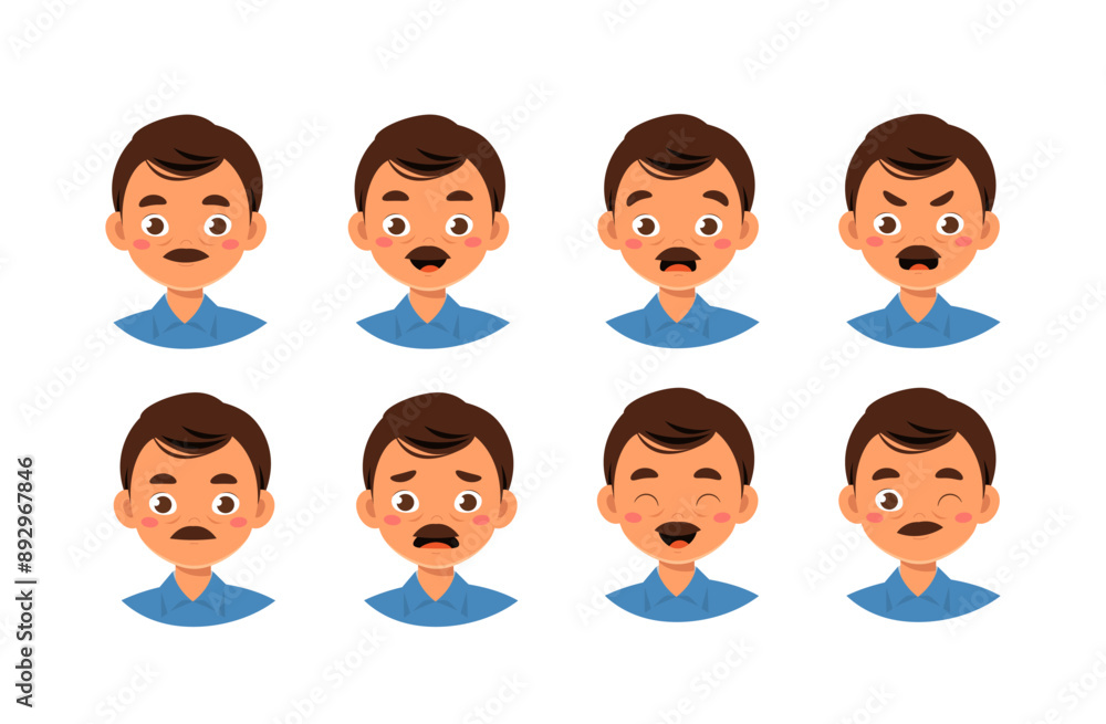 Police officer heads set. Man with moustache in uniform. Pack of characters with various feelings. Design elements for creating animations. Sheriff and officer. Flat vector collection Police officer heads set. Man with moustache in uniform. Pack of characters with various feelings. Design elements for creating animations. Sheriff and officer. Flat vector collection