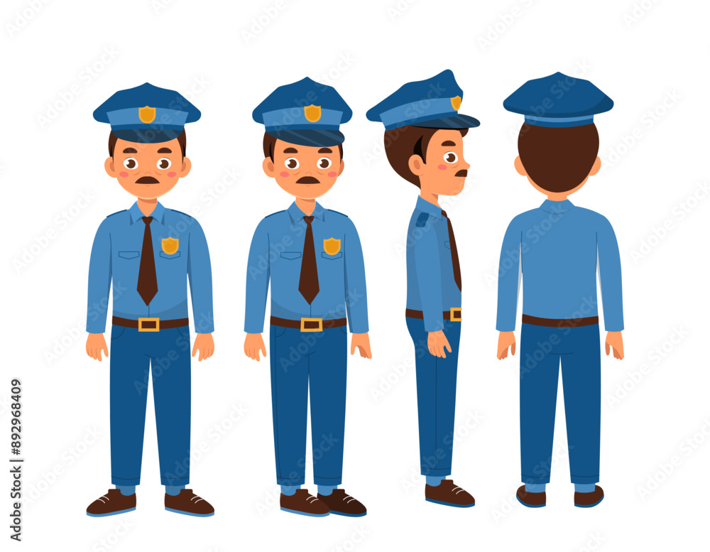 Police officer set. Sheriff with badge in uniform. Pack of characters in different viewing angles. Design elements for creating animations. Protection and safety. Flat vector collection Police officer set. Sheriff with badge in uniform. Pack of characters in different viewing angles. Design elements for creating animations. Protection and safety. Flat vector collection