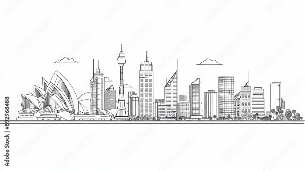 Obraz premium A carefully detailed sketch of Sydney's landmarks and skyline, featuring the iconic Sydney Opera House, surrounded by modern high-rise buildings against a serene sky.