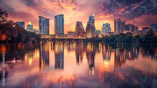 A mesmerizing cityscape skyline reflecting in the calm waters during a stunning sunset, capturing the vibrant hues of the evening sky and architectural brilliance.