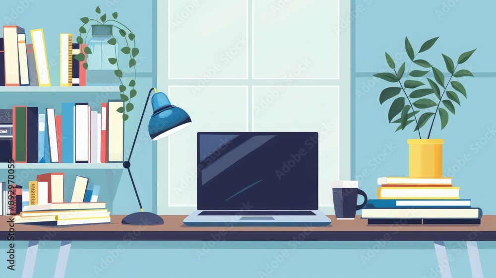 A study setup with a laptop, a stack of textbooks, and a desk lamp, set against a backdrop of a quiet, well-lit room with minimal distractions A study setup with a laptop, a stack of textbooks, and a desk lamp, set against a backdrop of a quiet, well-lit room with minimal distractions