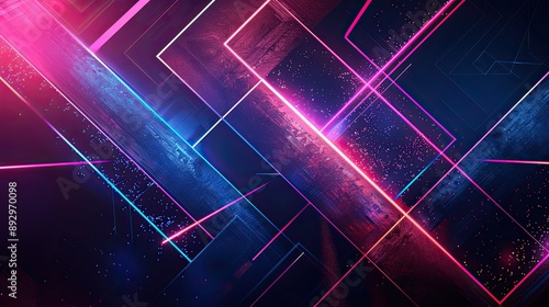Geometric shapes illuminated with neon colors on a dark abstract light background, suitable for tech and futuristic themes