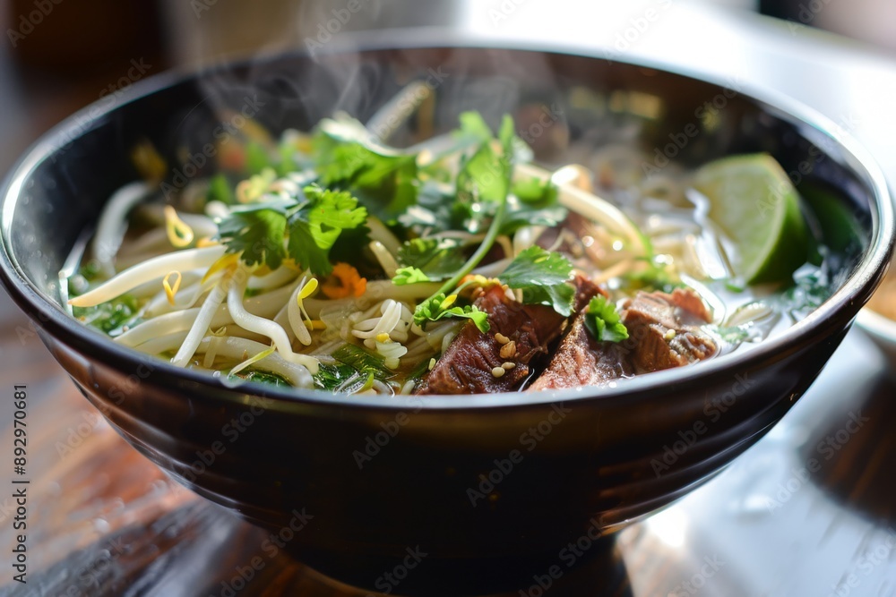 Vibrant and savory close-up of steaming hot noodle soup featuring thin rice noodles, tender beef slices, crisp bean sprouts, fresh herbs, and a lime wedge Vibrant and savory close-up of steaming hot noodle soup featuring thin rice noodles, tender beef slices, crisp bean sprouts, fresh herbs, and a lime wedge