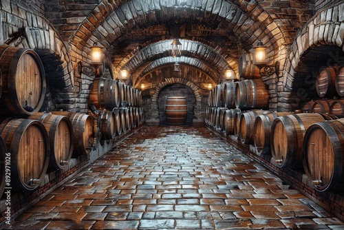 A historic wine cellar showcasing an array of wooden barrels on a wet brick floor, beneath arched ceilings and lit by lanterns, exuding an old-world charm and classic feel.