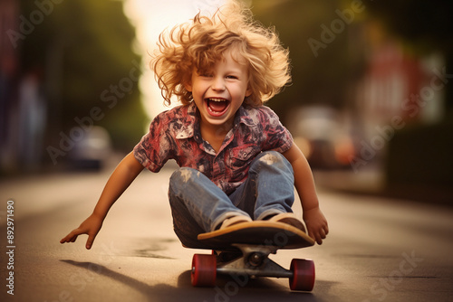 Six year-old Caucasian boy with long wavy hair, riding a skateboard, having fun as a child