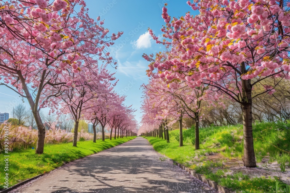 Naklejka premium Urban park pathway lined with cherry blossom trees in full bloom, creating a stunning display of pink petals against a blue sky