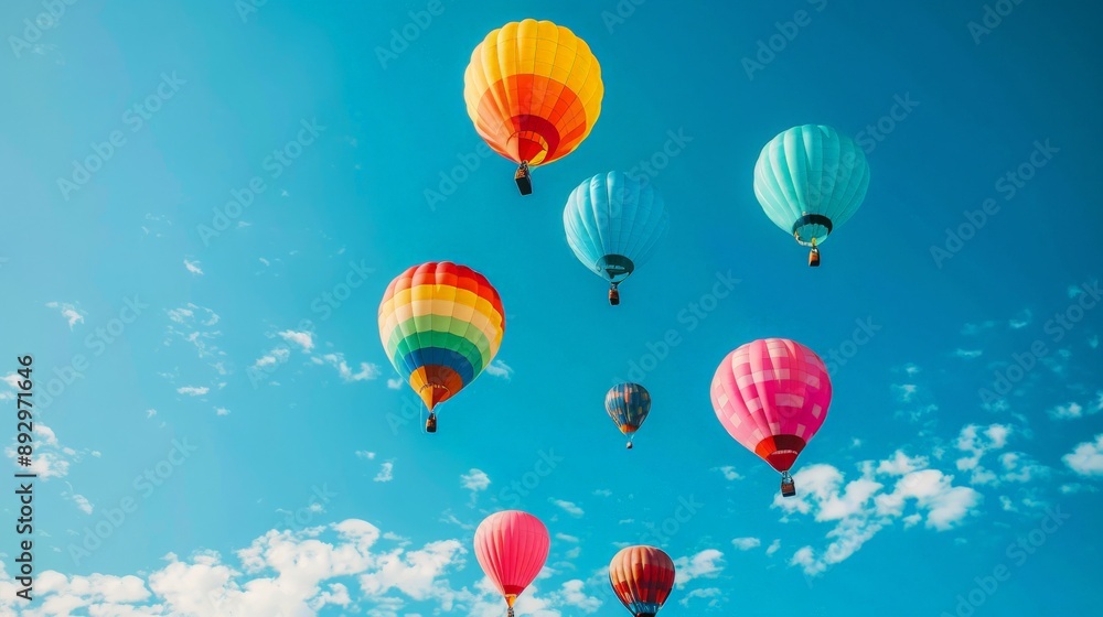 Vibrant balloons soaring high against the backdrop of a clear blue sky, their cheerful colors adding a sense of joy and festivity to the scene. Vibrant balloons soaring high against the backdrop of a clear blue sky, their cheerful colors adding a sense of joy and festivity to the scene.