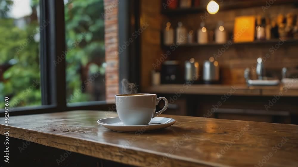 A white cup of coffee sits on a wooden counter in a cafe. Steam rises from the coffee as it rests on a white saucer. The cafe has a window that looks out onto a lush green view A white cup of coffee sits on a wooden counter in a cafe. Steam rises from the coffee as it rests on a white saucer. The cafe has a window that looks out onto a lush green view