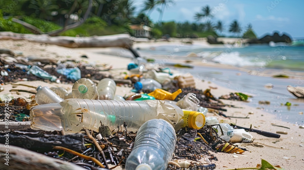 Obraz premium oncebeautiful beach now litters with plastic waste calling attention environmental neglect