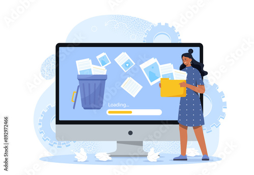Woman removing data files. Young girl deletes folders from her computer. Free space in storage or archive. Businesswoman with file management. Flat vector illustration isolated on white background