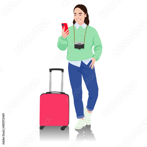 Young woman tourist with camera and smartphone. Girl in casual clothes with a suitcase. Female traveler goes on a journey. Vector illustration isolated on white