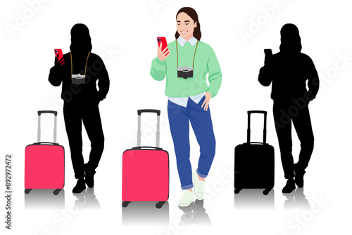 Young woman tourist with camera and smartphone. Girl in casual clothes with a suitcase. Female traveler goes on a journey. Vector illustration isolated on white