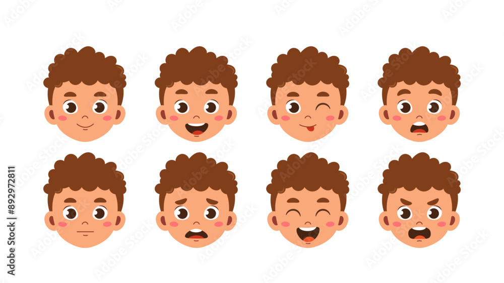 Schoolboy heads set. Boy with different emotions. Pack of characters with various feelings. Design elements for creating animations. Education, learning and training. Flat vector collection Schoolboy heads set. Boy with different emotions. Pack of characters with various feelings. Design elements for creating animations. Education, learning and training. Flat vector collection