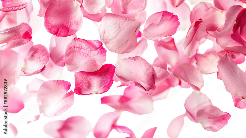 Fototapeta premium Photo of vibrant pink rose flowers petals falling on transparent background, png file. Petal rain, Wedding celebration, Valentines day card, romantic overlay