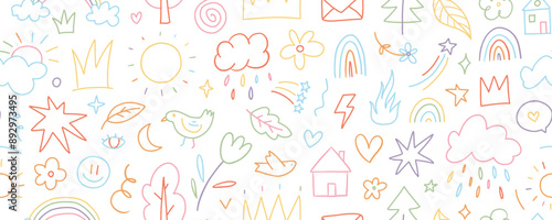 Colorful doodle seamless pattern with childish drawing elements. Pencil or pen doodle style seamless pattern with cute crowns, hearts, stars, houses and sun. Vector wallpaper for kids stationery.