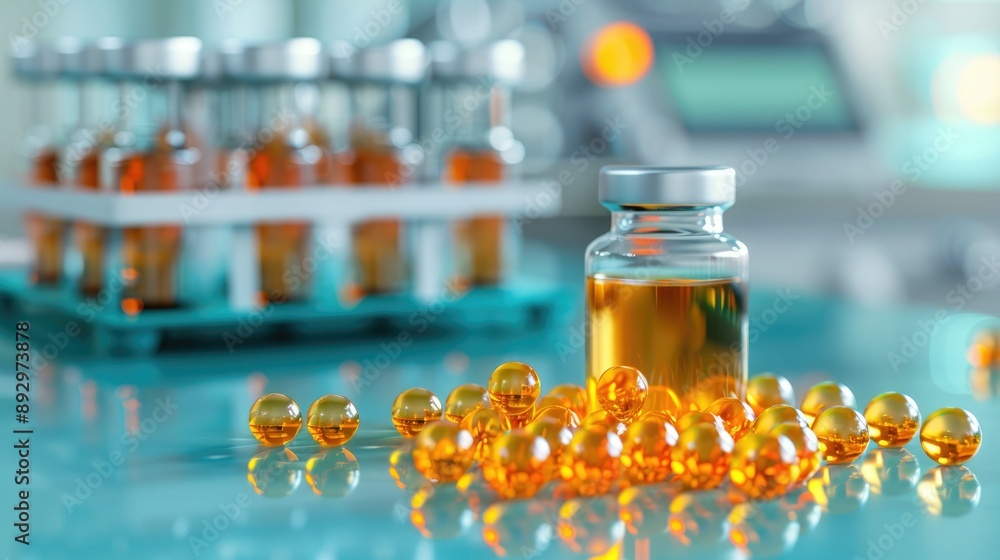 Vial of amber liquid and scattered capsules on laboratory table with scientific equipment in background. Medical research and pharmaceutical production. Vial of amber liquid and scattered capsules on laboratory table with scientific equipment in background. Medical research and pharmaceutical production.