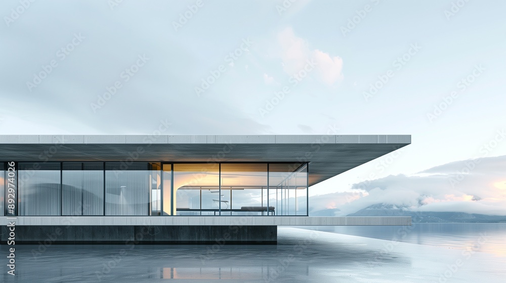 A sleek, modern concrete home with a flat roof and expansive windows, with the backdrop of a cloudless sky and a glistening fjord. A sleek, modern concrete home with a flat roof and expansive windows, with the backdrop of a cloudless sky and a glistening fjord.