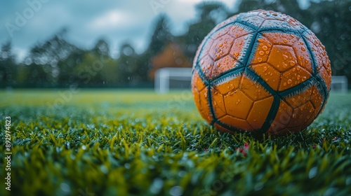 Vibrant Soccer Ball on Wet Grass Field on a Gloomy Rainy Day with Trees in the Background photo