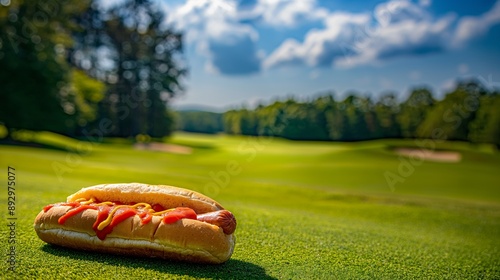 Hot Dog on Verdant Golf Course Under Blue Sky with Clouds in Bright Daylight