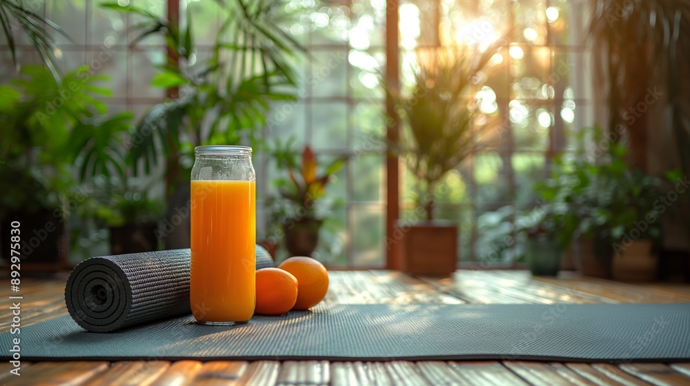 Yoga Mat with Fresh Orange Juice and Sunlit Greenhouse Background Yoga Mat with Fresh Orange Juice and Sunlit Greenhouse Background