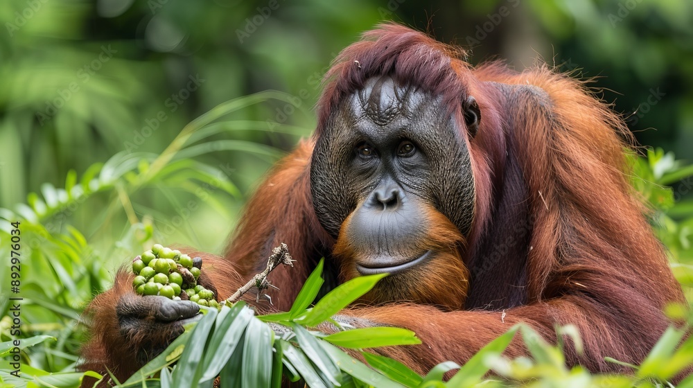 Fototapeta premium A close-up shot of an orangutan eating fruit amidst the lush greenery of a tropical forest, showcasing the animal's expressive face and vibrant fur in a natural habitat.
