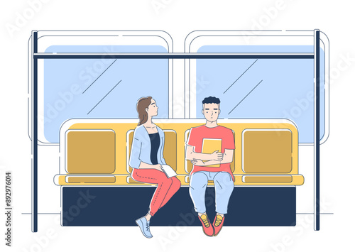 People inside subway. Man and woman traveling in transit train. City infrastructure, passengers in urban metro, public transport. Linear vector illustration isolated on white background