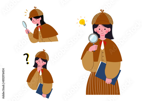 探偵の服と帽子を被って虫眼鏡を持つ女性のイラストセット