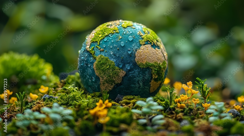 Miniature Earth with Moss and Flowers in a Serene Natural Setting Representing Nature's Beauty Miniature Earth with Moss and Flowers in a Serene Natural Setting Representing Nature's Beauty