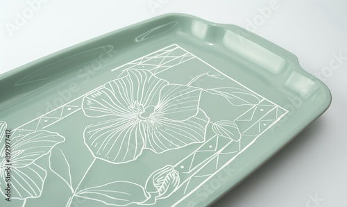 A celadon green serving tray with a white lineal floral pattern hand-painted and baked on