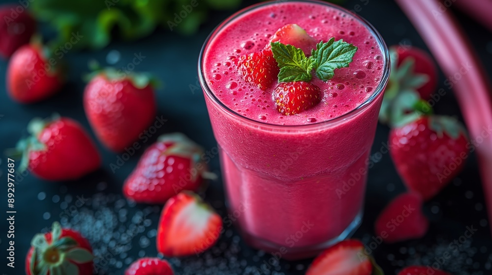 Delicious Fresh Strawberry Smoothie Surrounded by Strawberries on a Dark Background Delicious Fresh Strawberry Smoothie Surrounded by Strawberries on a Dark Background