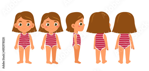 Summer girl constructor set. Kid in tropical country. Pack of characters in different viewing angles. Design elements for creating animations. Schoolgirl in red swimsuit. Flat vector collection