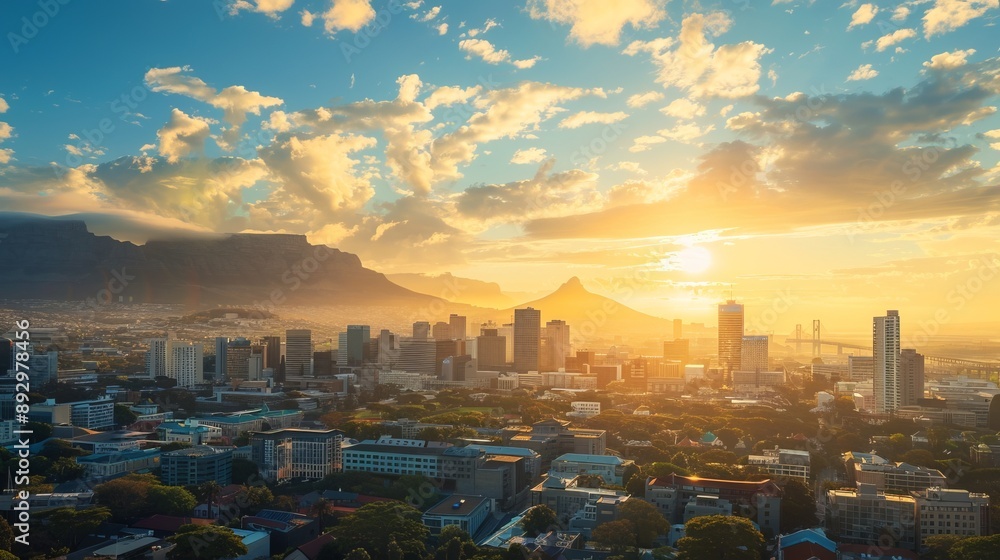 Obraz premium A mesmerizing sunrise over a cityscape with modern buildings, lush greenery, and mountains bathed in the warm golden light of the rising sun.