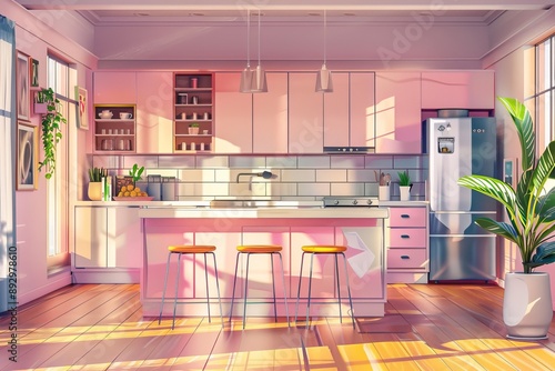 Kitchen interior in pink color..