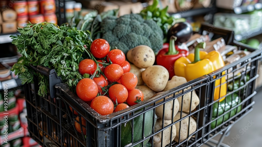 a Basket of Fresh Vegetables and Fruits in Grocery Store a Basket of Fresh Vegetables and Fruits in Grocery Store