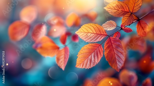 Vibrant Autumn Leaves with Bokeh Effect, Close-up of Brown and Orange Leaves