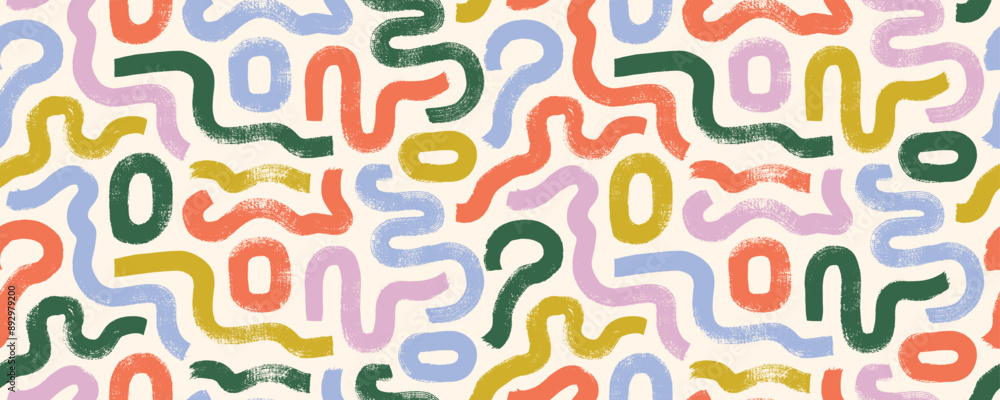 Retro colored geometric seamless pattern with thick wavy brush strokes and round squares. Hand drawn grunge wallpaper with chaotic and organic ink scribbles. Decorative graphic background. Retro colored geometric seamless pattern with thick wavy brush strokes and round squares. Hand drawn grunge wallpaper with chaotic and organic ink scribbles. Decorative graphic background.