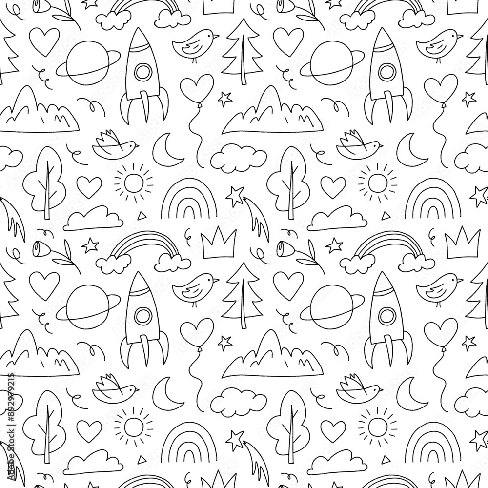 Fototapeta premium Cute seamless pattern with childish doodle. Outlined various kids objects like stars, clouds, rocket, planet, crown. Creative simple style background with cute shapes. Simple decorative elements.