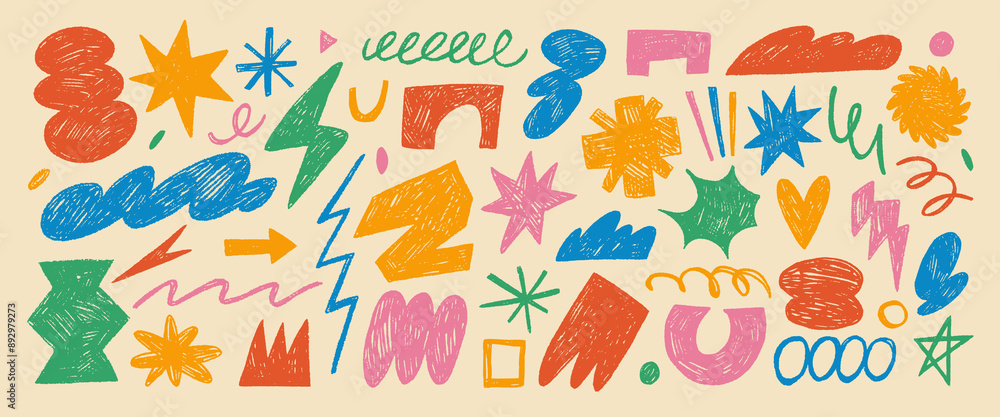 Funky abstract geometric shapes and icons drawn with crayon. Doodle contemporary figures, stars, arch, cloud, spiral, zigzag and other primitive elements. Retro style colored kid geometric shapes. Funky abstract geometric shapes and icons drawn with crayon. Doodle contemporary figures, stars, arch, cloud, spiral, zigzag and other primitive elements. Retro style colored kid geometric shapes.