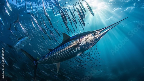 A majestic marlin swims through a shoal of smaller fish, highlighted by beams of light from above, creating a mesmerizing underwater spectacle in the ocean's depths.