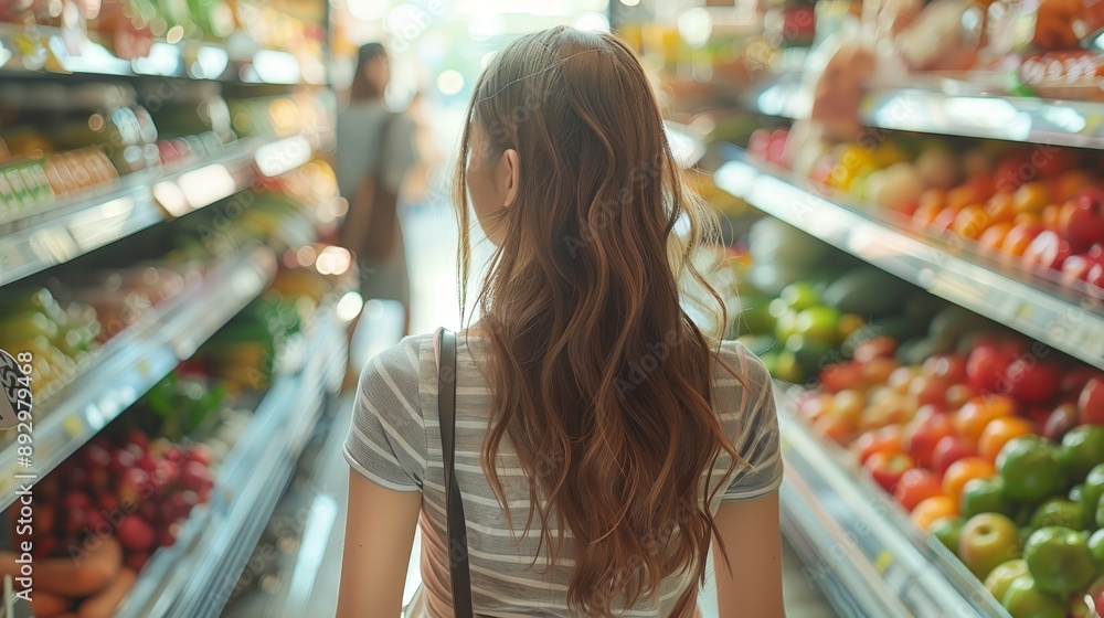 A rear view of a woman browsing through an array of fresh fruits and vegetables in the produce aisle of a supermarket. A rear view of a woman browsing through an array of fresh fruits and vegetables in the produce aisle of a supermarket.